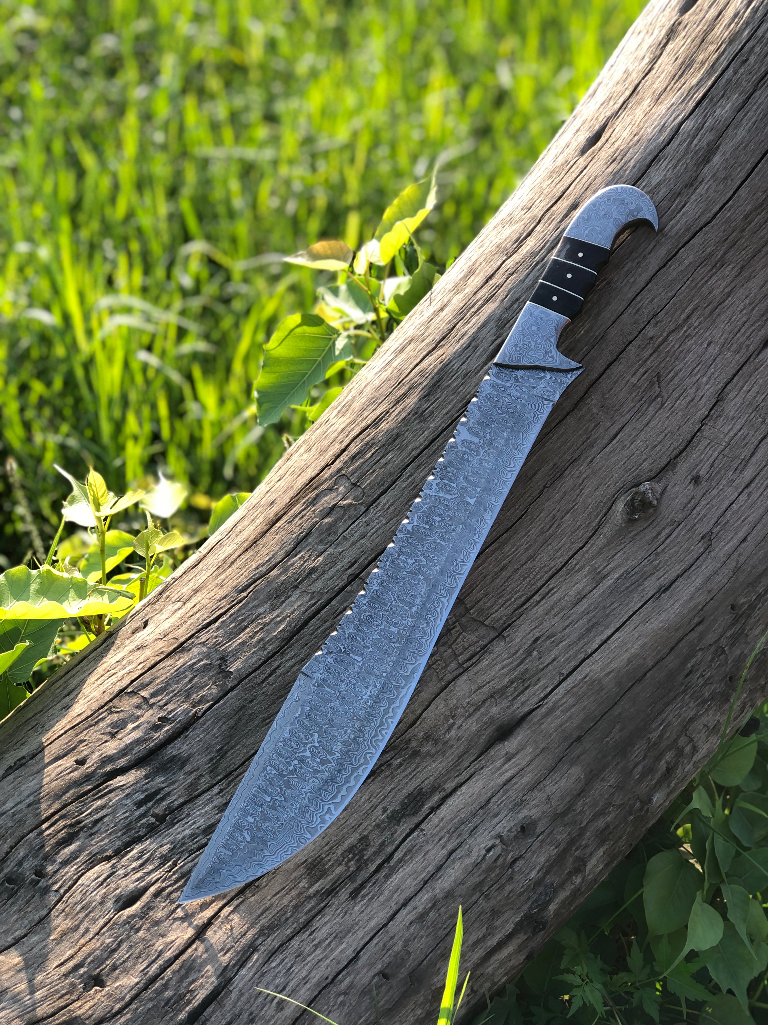 MT67 - Handmade Damascus Machete Knife with Leather Sheath