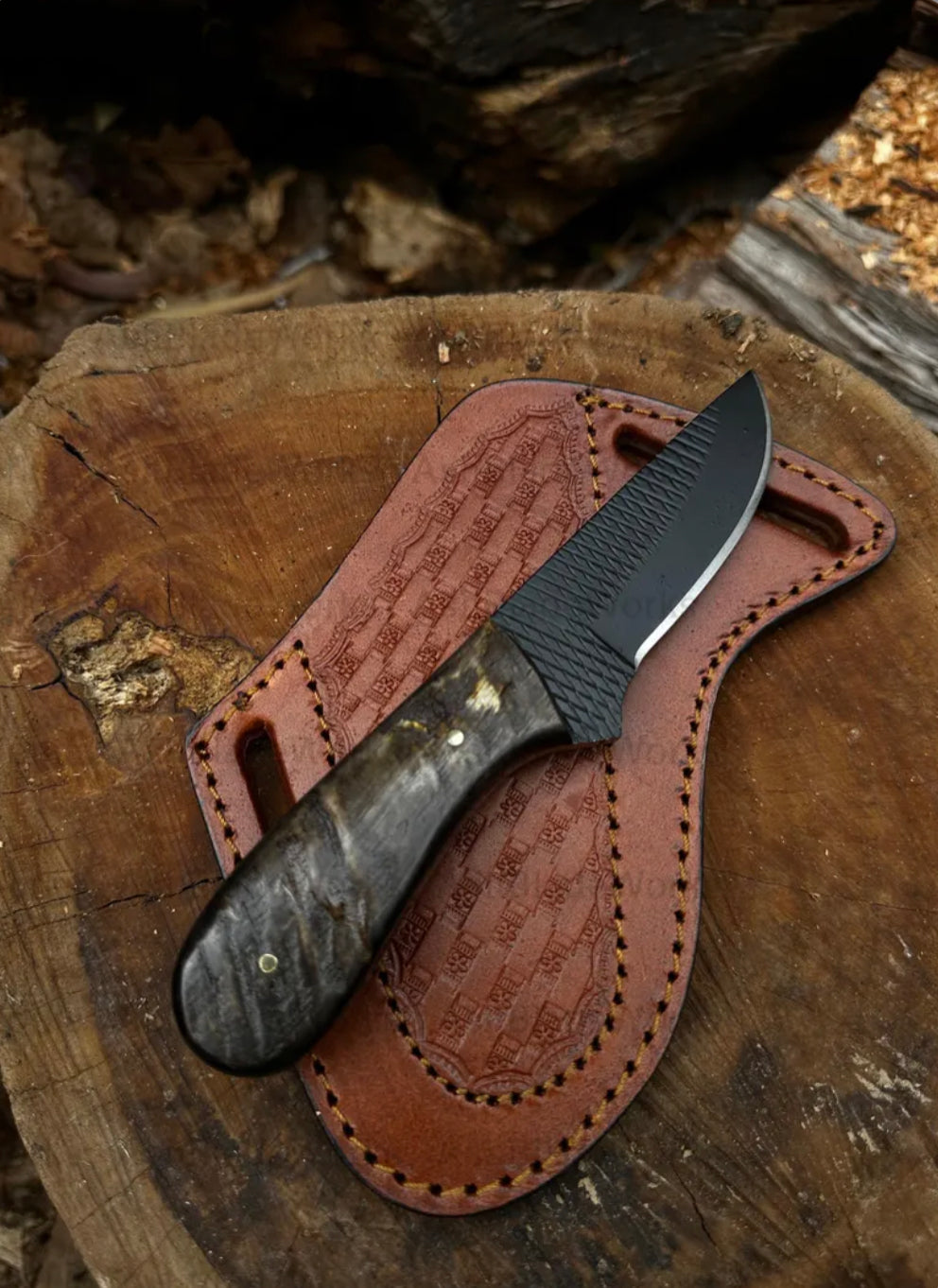 Handmade High Carbon Steel Black Coated skinner Knife with Belt Strap Leather Sheath