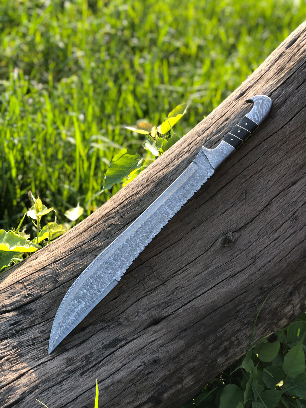 MT67 - Handmade Damascus Machete Knife with Leather Sheath