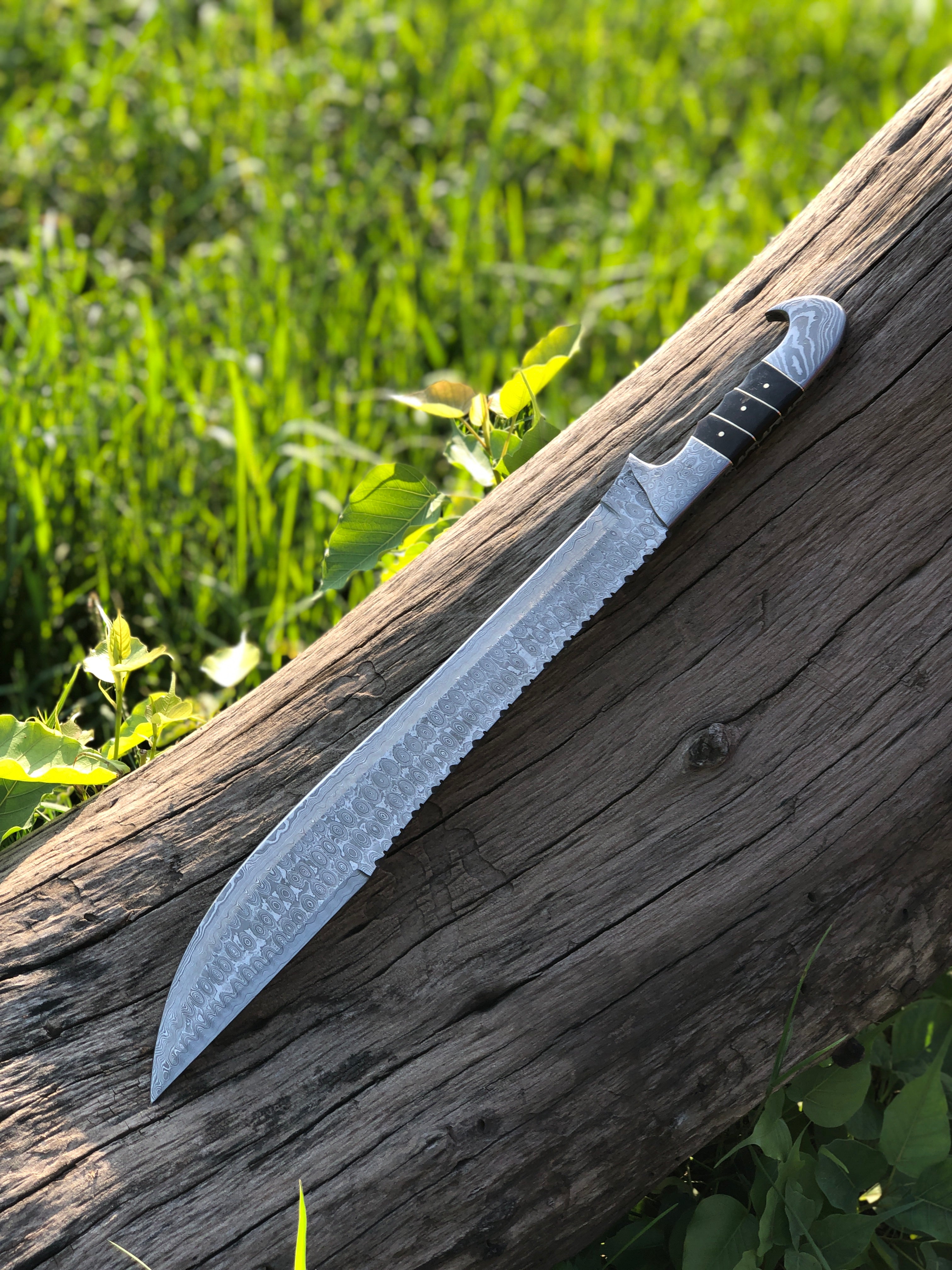 MT67 - Handmade Damascus Machete Knife with Leather Sheath