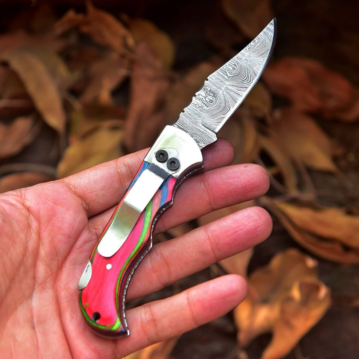 The Hunter – Handmade Damascus Pocket Knife with Multicolor Wood