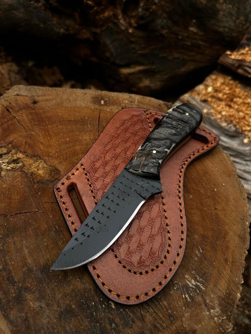 Handmade High Carbon Steel Black Coated skinner Knife with Belt Strap Leather Sheath