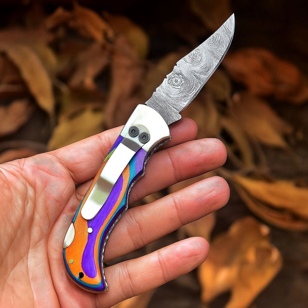 The Hunter – Handmade Damascus Pocket Knife with Multicolor Wood