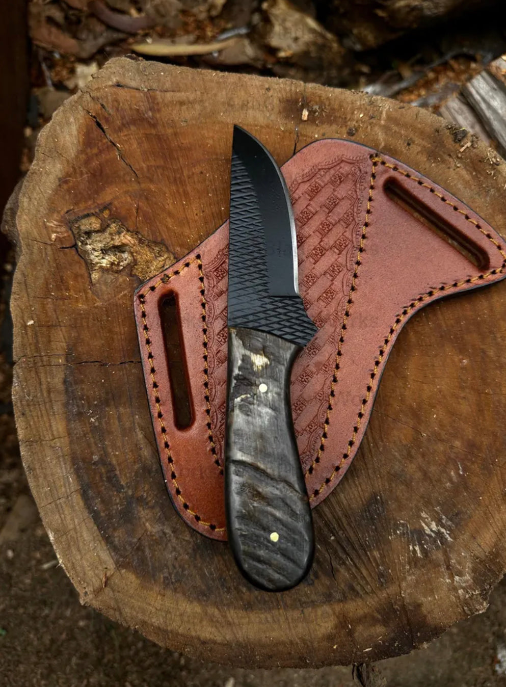 Handmade High Carbon Steel Black Coated skinner Knife with Belt Strap Leather Sheath