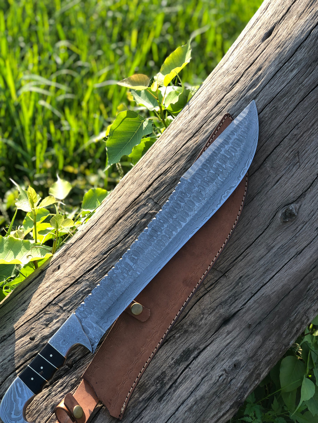 MT67 - Handmade Damascus Machete Knife with Leather Sheath