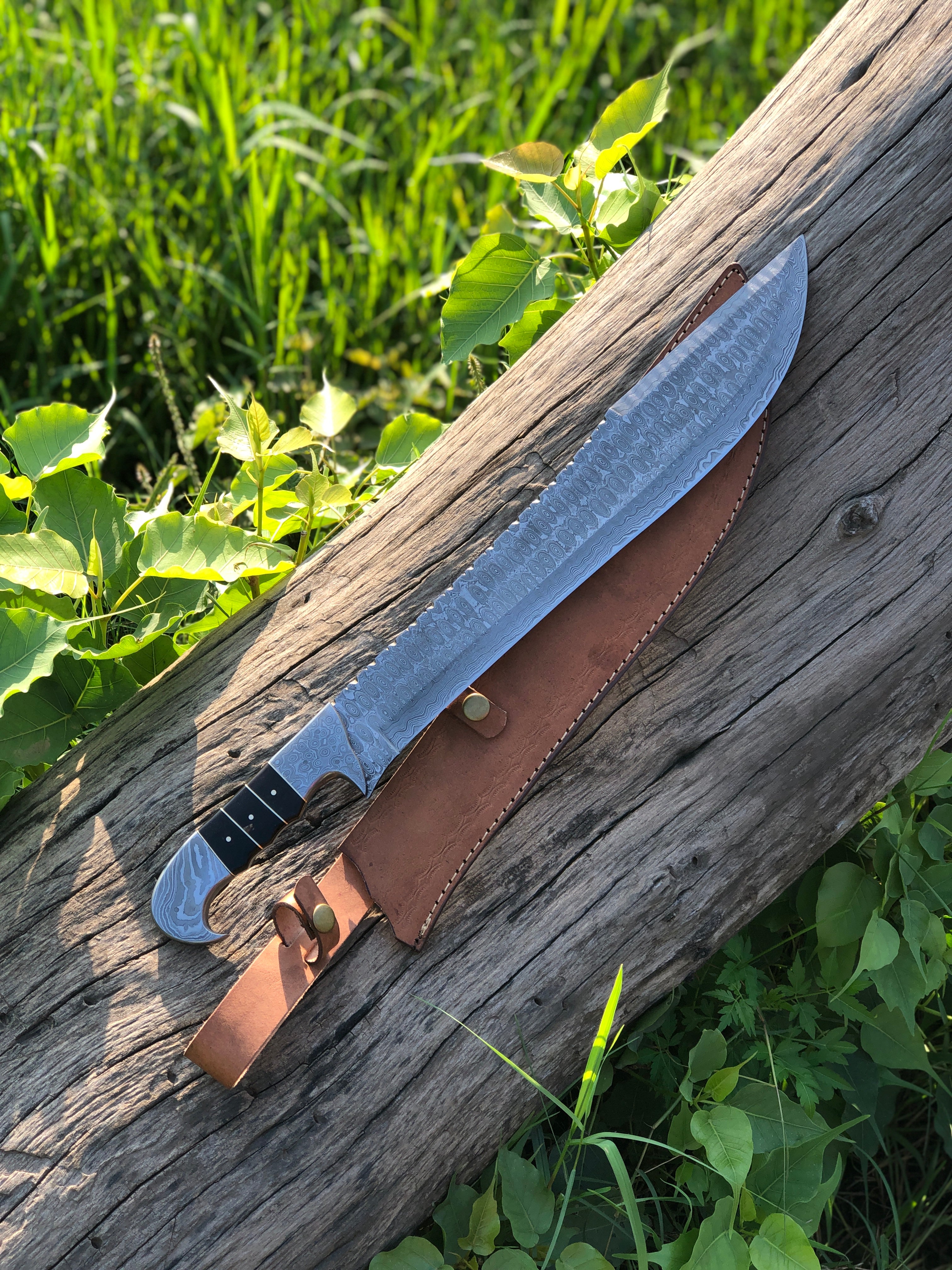 MT67 - Handmade Damascus Machete Knife with Leather Sheath