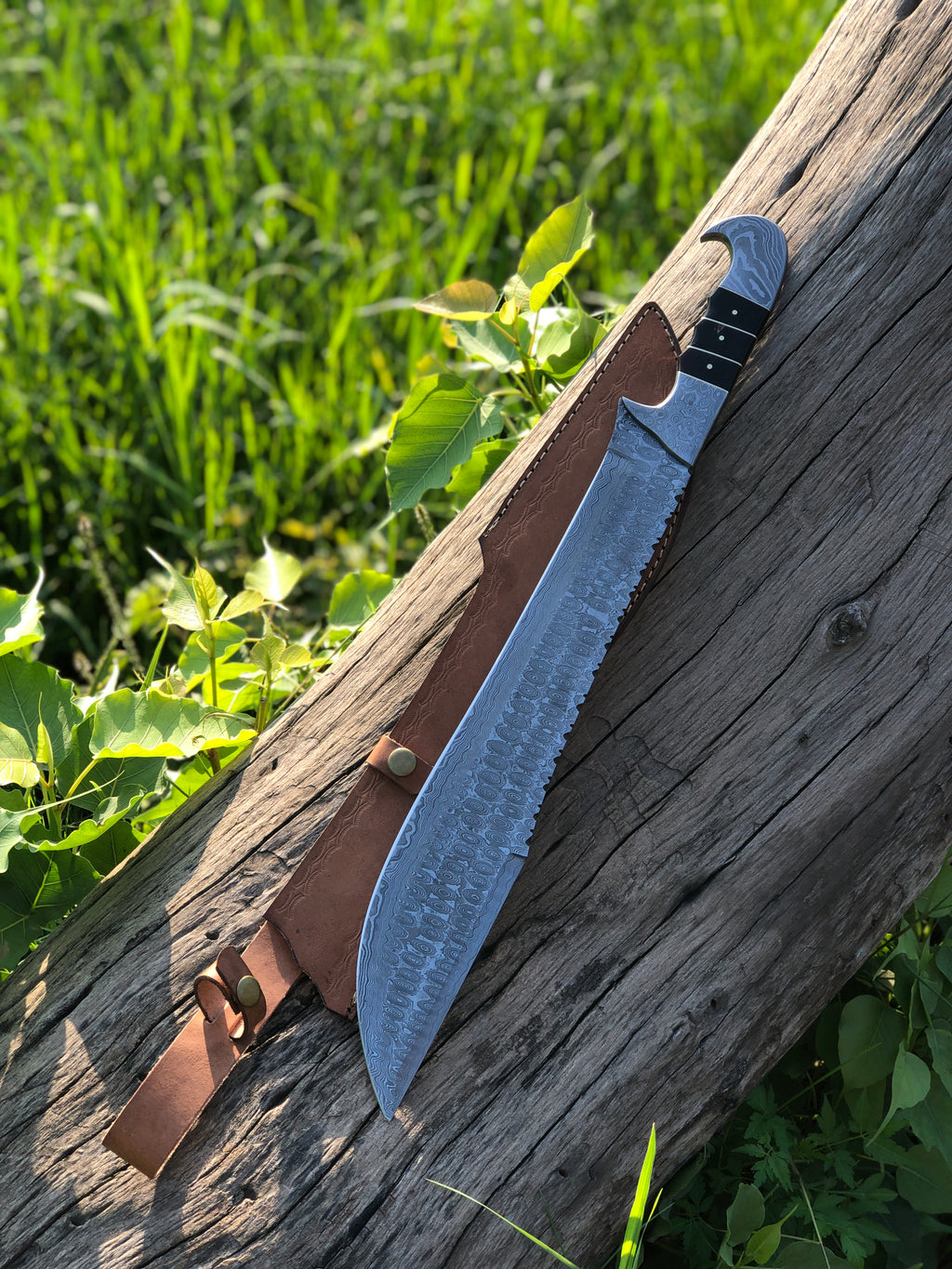 MT67 - Handmade Damascus Machete Knife with Leather Sheath