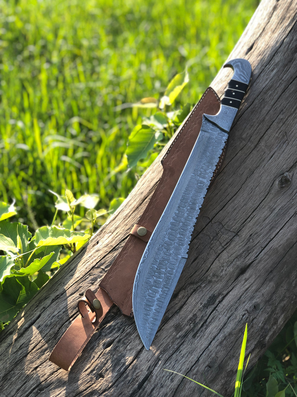 MT67 - Handmade Damascus Machete Knife with Leather Sheath