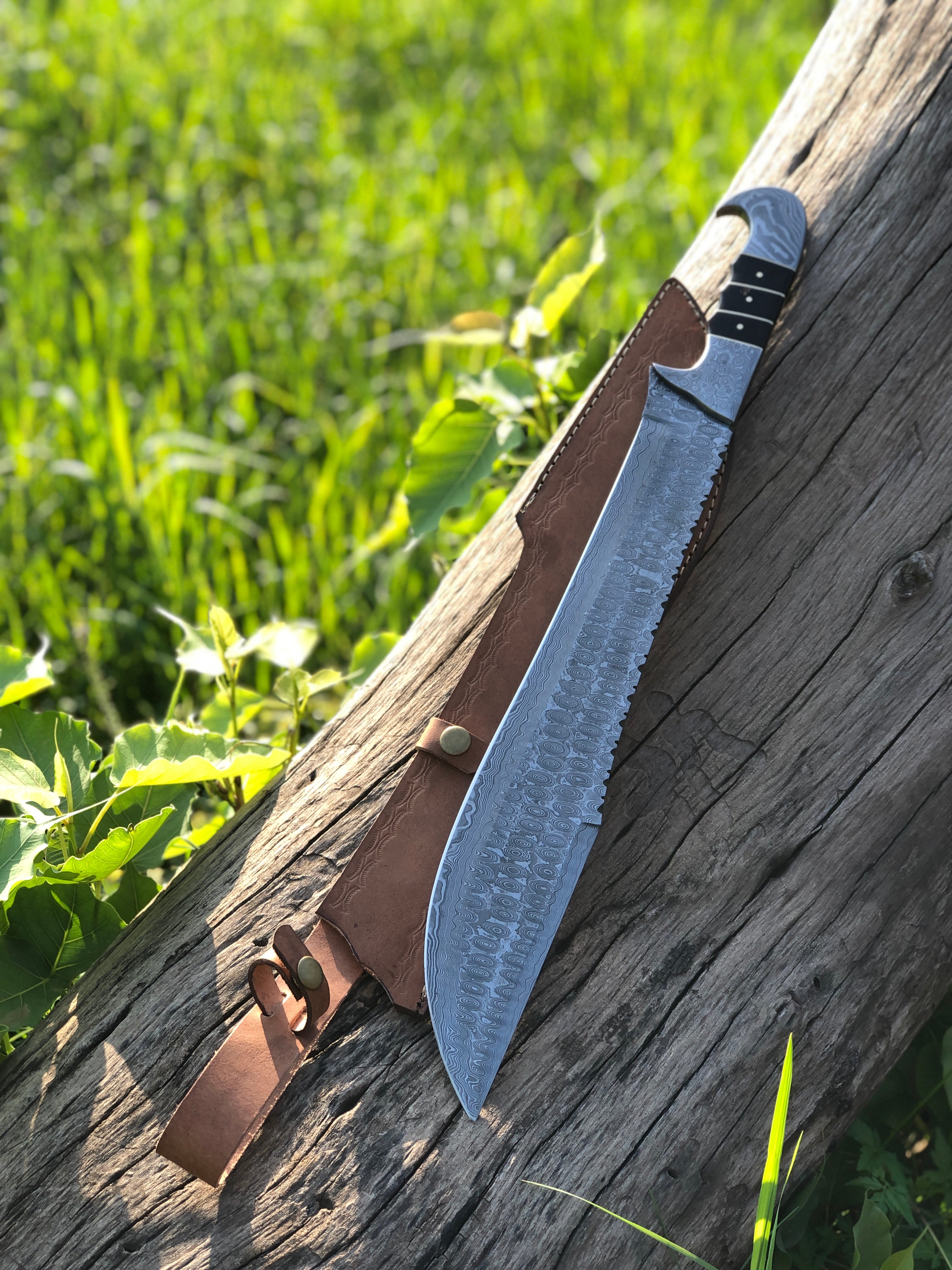 MT67 - Handmade Damascus Machete Knife with Leather Sheath