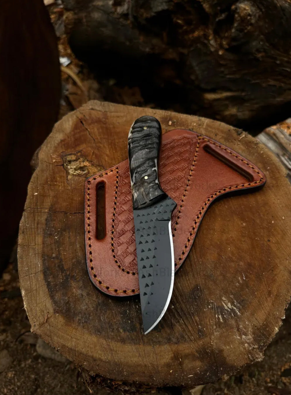 Handmade High Carbon Steel Black Coated skinner Knife with Belt Strap Leather Sheath
