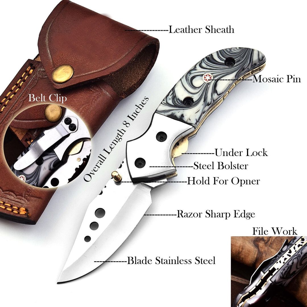 Mirror Fang – Handmade D2 Steel Folding Knife with Leather Sheath