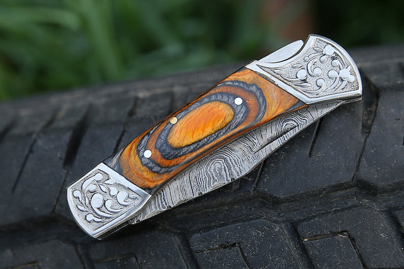 TimberFang – Handmade Damascus Pocket Knife with Multicolor Wood