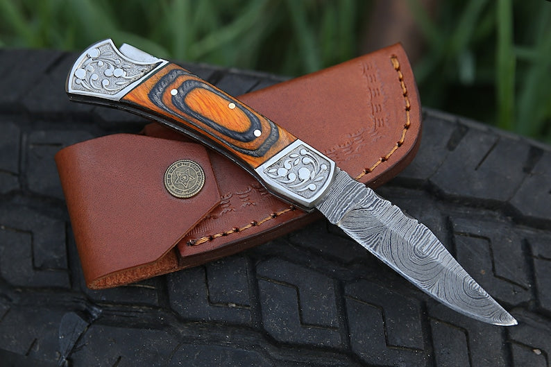 TimberFang – Handmade Damascus Pocket Knife with Multicolor Wood