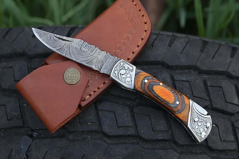 TimberFang – Handmade Damascus Pocket Knife with Multicolor Wood