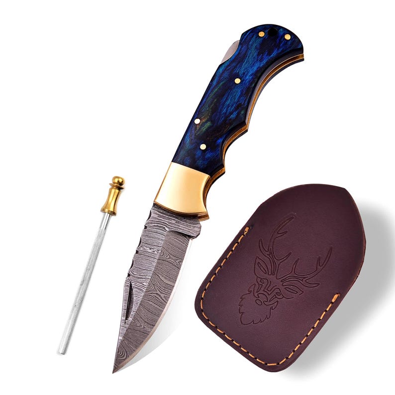 The BlueSpine – Handmade Damascus Folding Knife with Blue Pakka Wood Handle