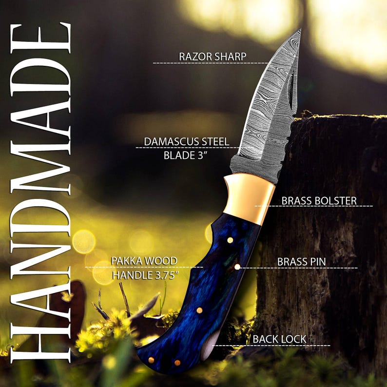 The BlueSpine – Handmade Damascus Folding Knife with Blue Pakka Wood Handle