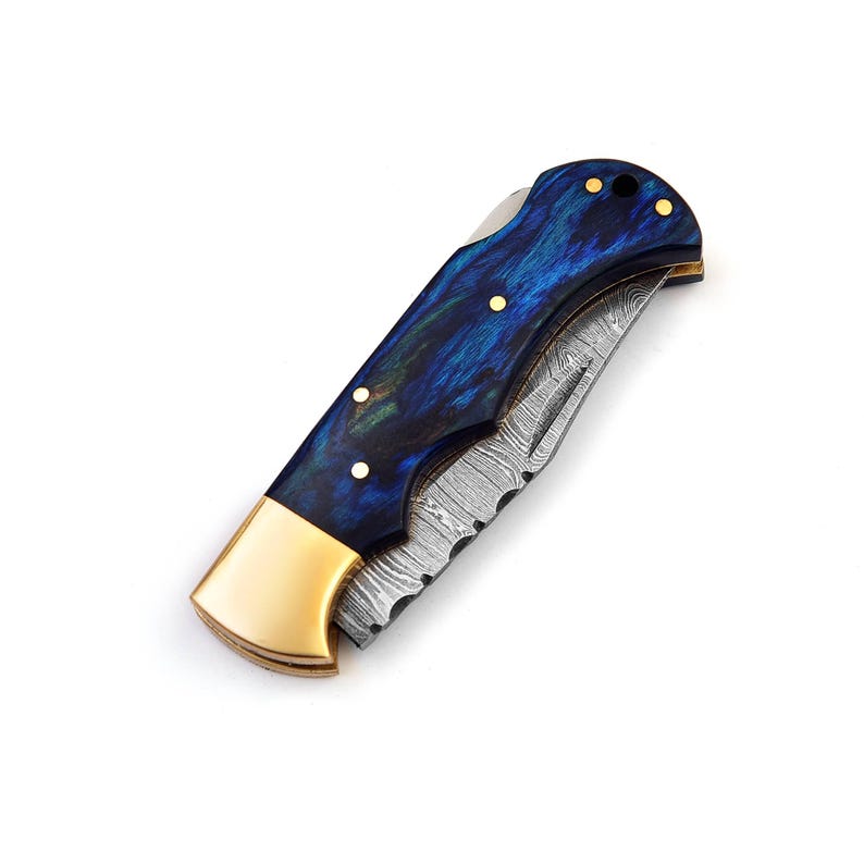 The BlueSpine – Handmade Damascus Folding Knife with Blue Pakka Wood Handle