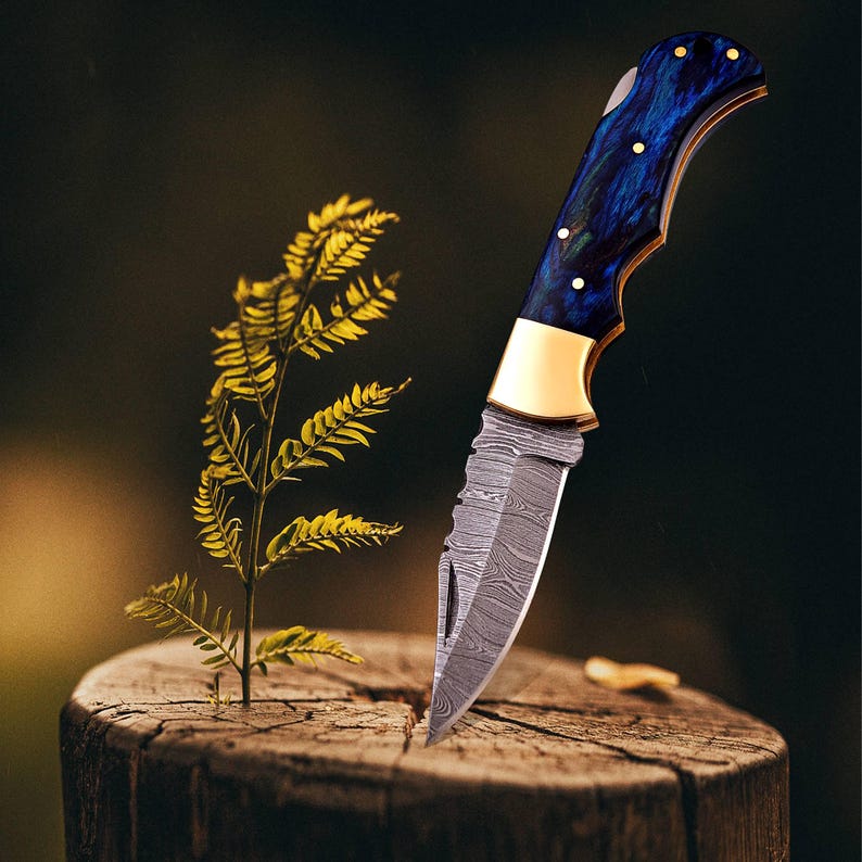 The BlueSpine – Handmade Damascus Folding Knife with Blue Pakka Wood Handle