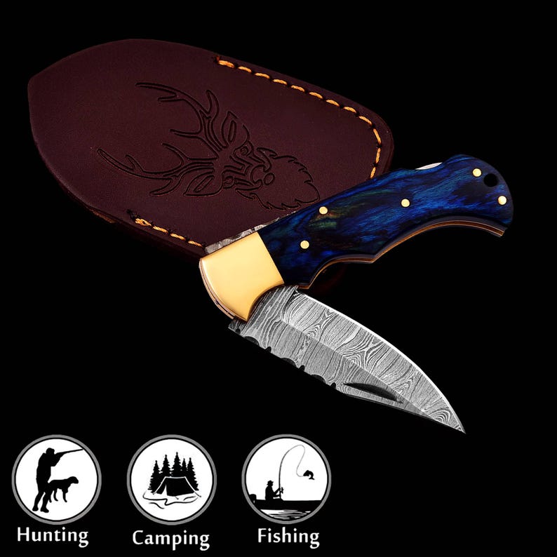 The BlueSpine – Handmade Damascus Folding Knife with Blue Pakka Wood Handle