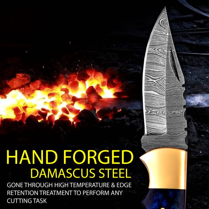 The BlueSpine – Handmade Damascus Folding Knife with Blue Pakka Wood Handle