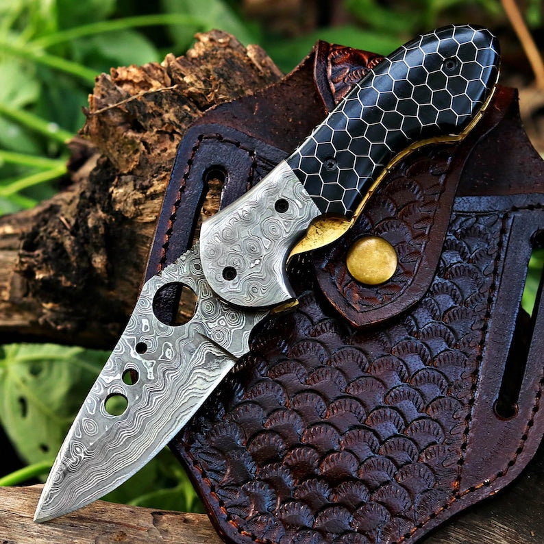 The HornBlade – Handmade Damascus Folding Knife with Bone & Ram Horn Handle