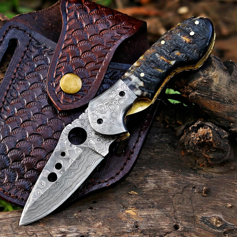 The HornBlade – Handmade Damascus Folding Knife with Bone & Ram Horn Handle