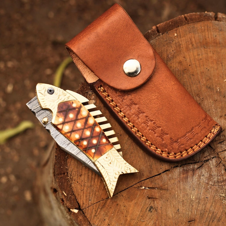 The FinBlade – Damascus Folding Knife with Fish Bone Handle